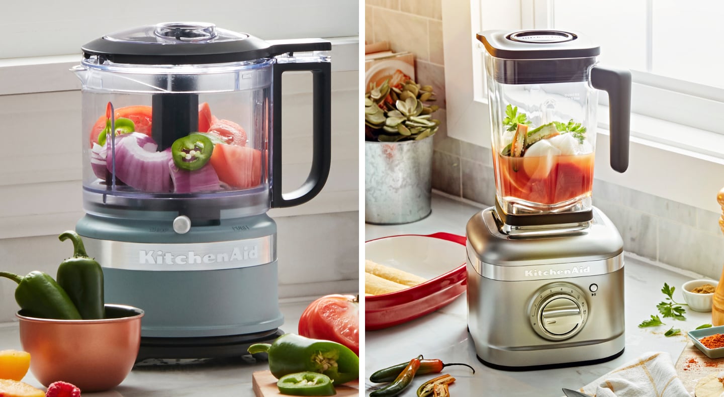 A KitchenAid® blender filled with salsa ingredients A KitchenAid® blender filled with salsa ingredients