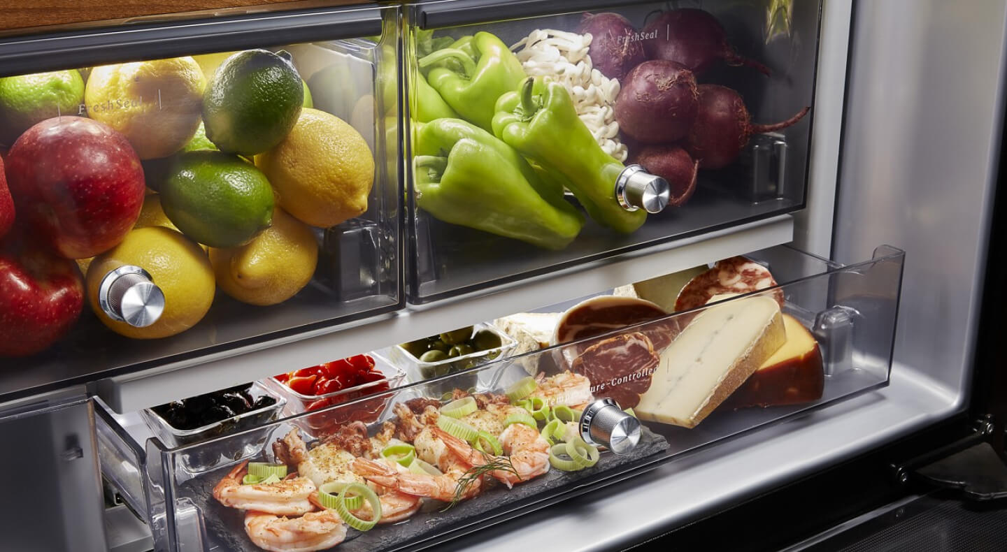 Produce and charcuterie inside a French door refrigerator Produce and charcuterie inside a French door refrigerator