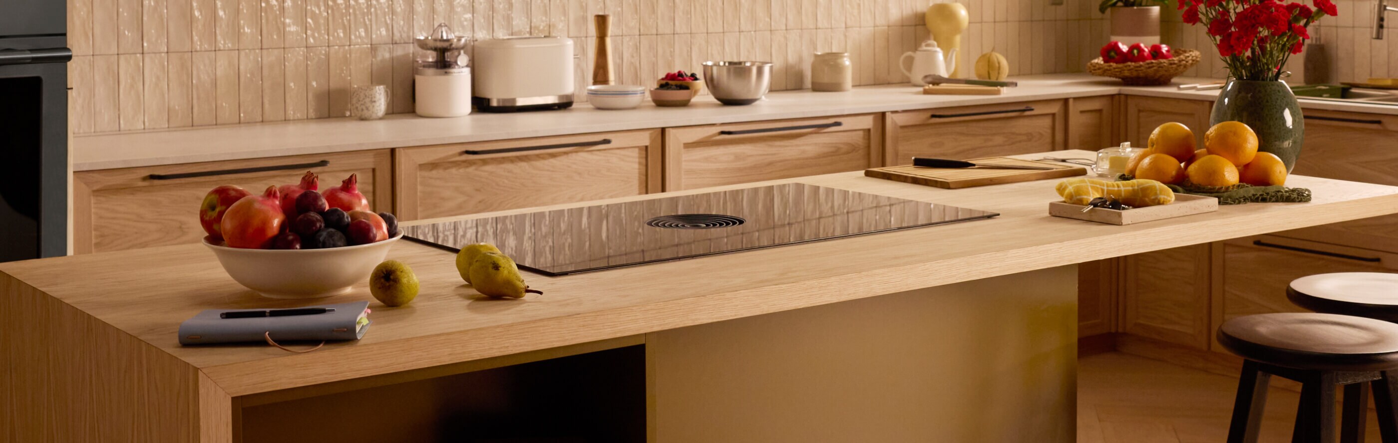 A modern kitchen with a wood island