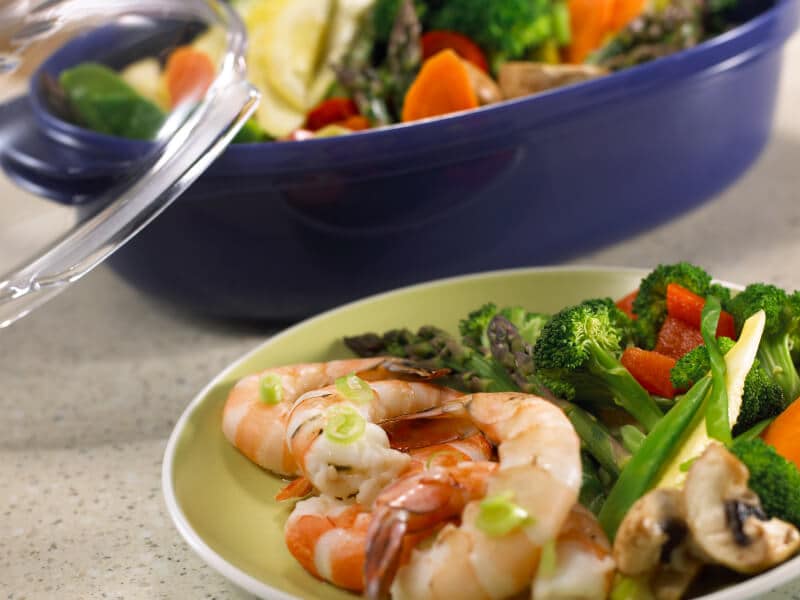 Shrimp and veggies on a plate