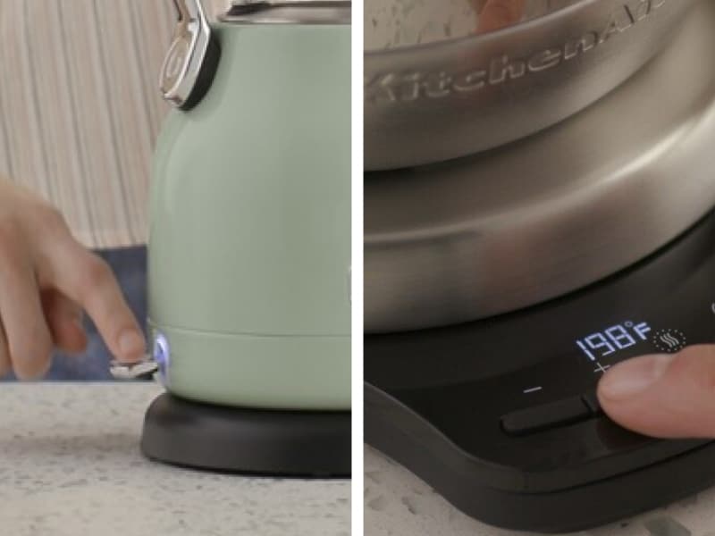 Close up of Maker turning on different types of electric kettles. Close up of Maker turning on different types of electric kettles.