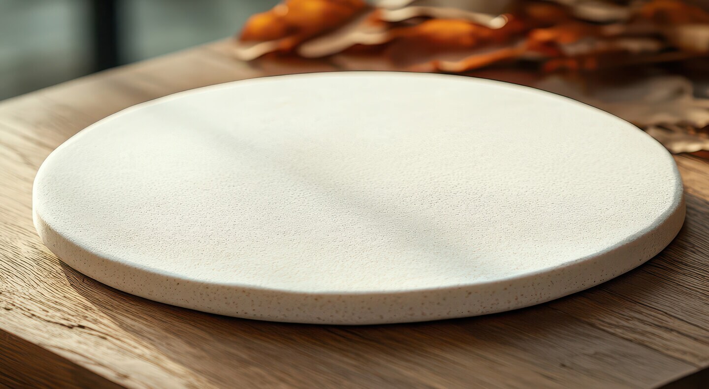 A pizza stone on a counter