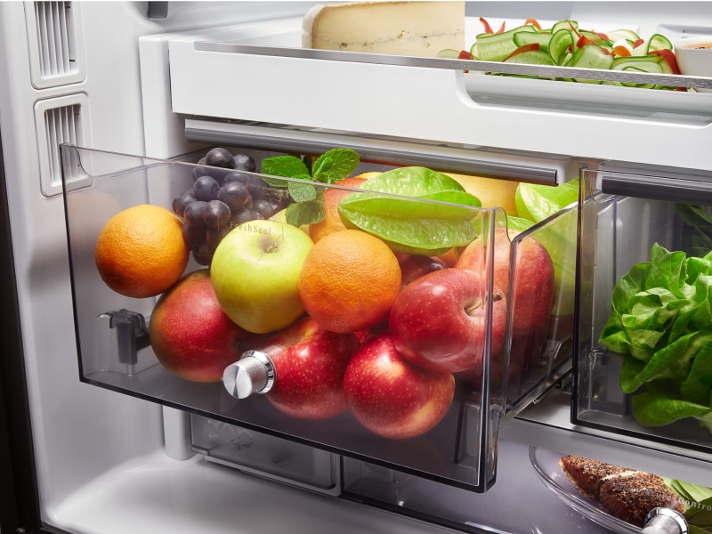 A variety of fruits, vegetables and ingredients in a KitchenAid® FreshSeal Crisper Drawer A variety of fruits, vegetables and ingredients in a KitchenAid® FreshSeal Crisper Drawer