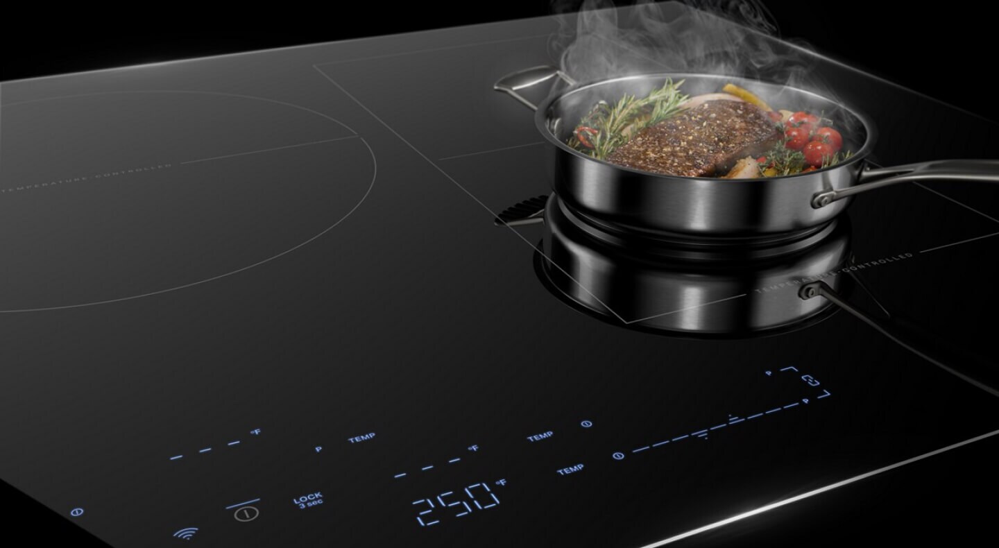An induction cooktop with steak in a pan on it An induction cooktop with steak in a pan on it