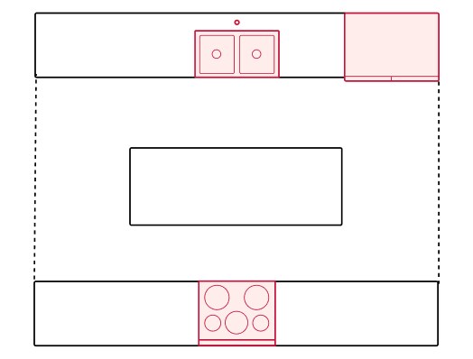 A graphic of a galley kitchen with an island