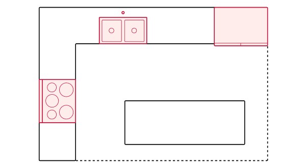 A graphic of an L-shaped kitchen with an island