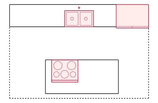 A graphic of a one-wall kitchen with an island