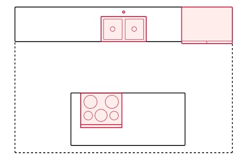 A graphic of a one-wall kitchen with an island