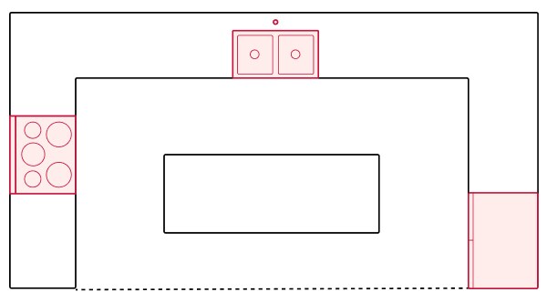 A graphic of a U-shaped kitchen with an island