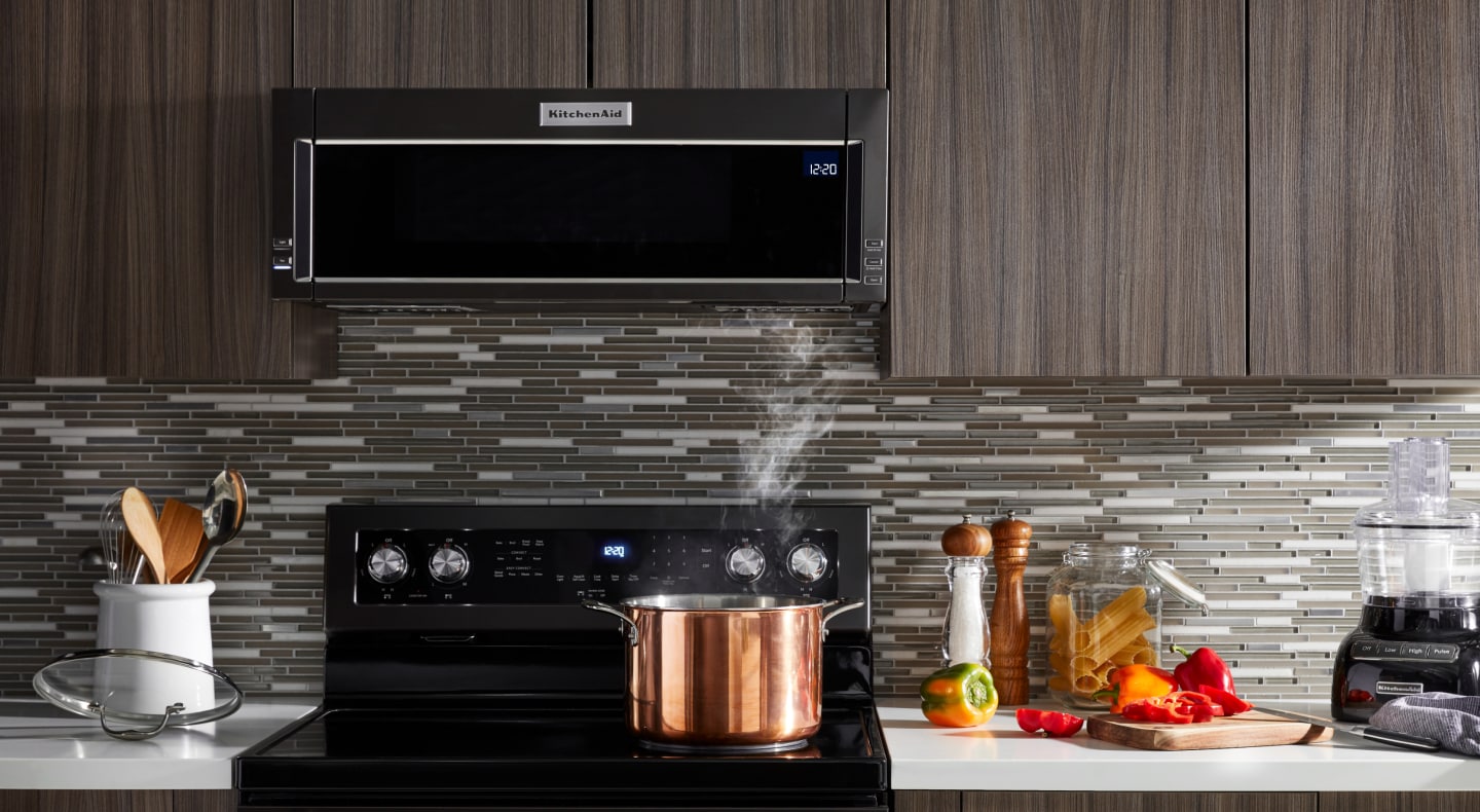 View of KitchenAid® microwave and stove View of KitchenAid® microwave and stove