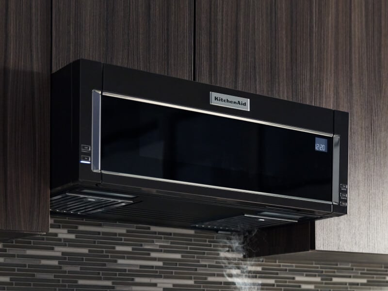 Black, KitchenAid® low-profile over-the-range microwave above tile backsplash Black, KitchenAid® low-profile over-the-range microwave above tile backsplash