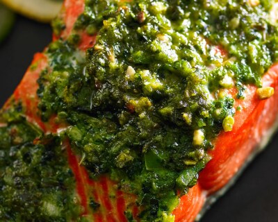 Salmon with sauce on it