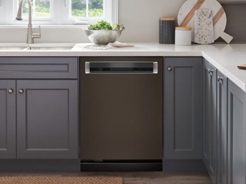 A pocket handle dishwasher inside a modern kitchen