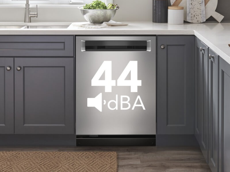 Stainless steel dishwasher with 44 dBA text on the exterior