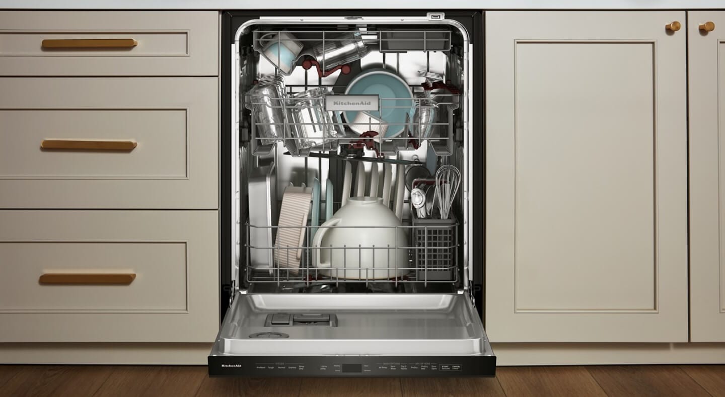 Dishwasher open to show clean dishes