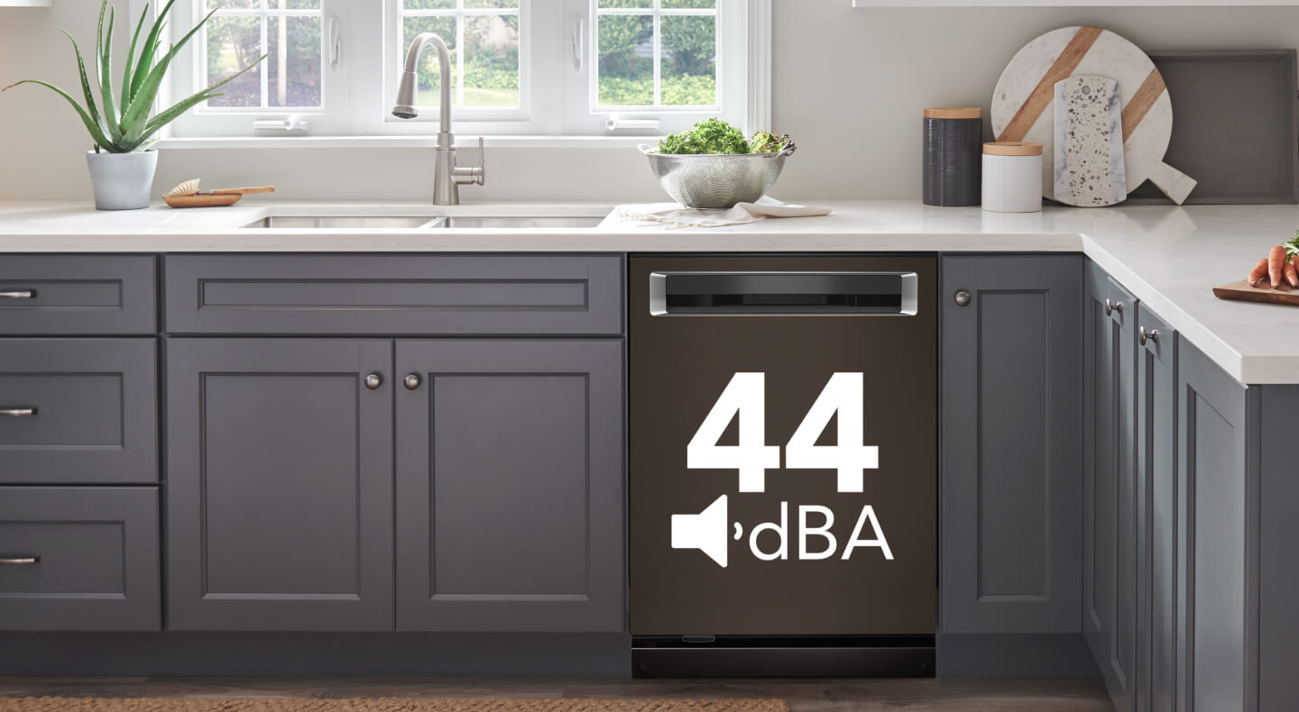Dishwasher set in cabinetry with 44 dBA displayed on it Dishwasher set in cabinetry with 44 dBA displayed on it