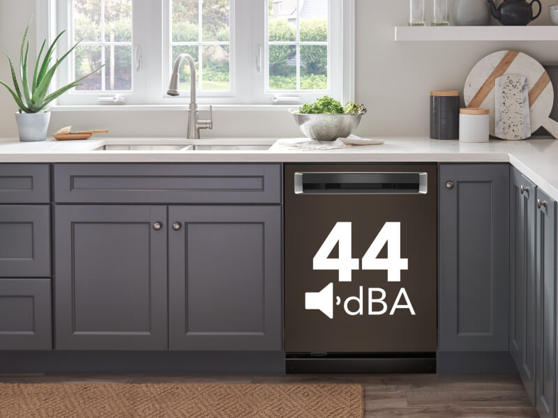 Dishwasher set in cabinetry with 44 dBA displayed on it Dishwasher set in cabinetry with 44 dBA displayed on it