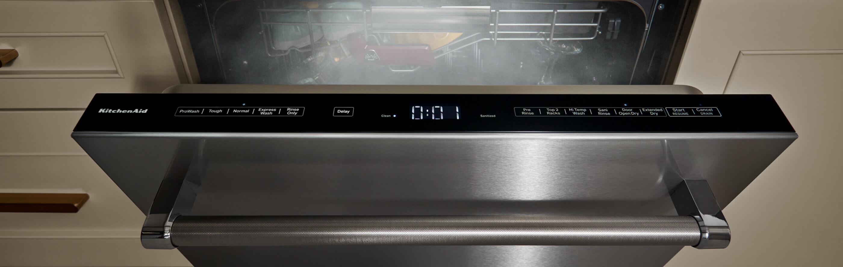 Dishwasher open with steam coming out