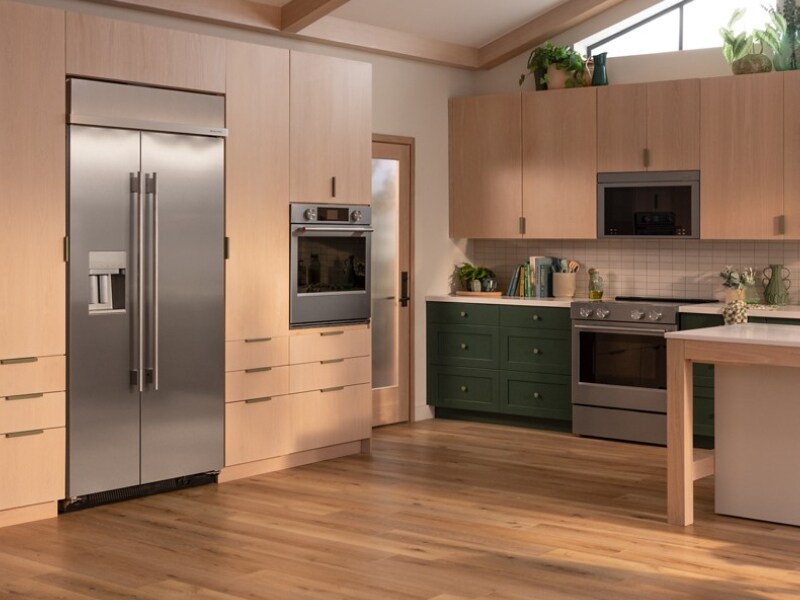 A built-in side-by-side refrigerator in a modern kitchen