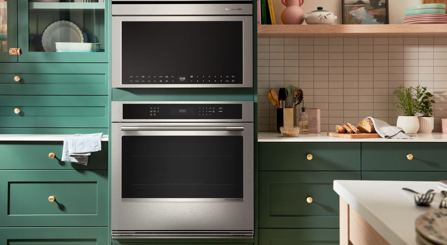 KitchenAid® single wall oven and built-in microwave in green cabinetry KitchenAid® single wall oven and built-in microwave in green cabinetry