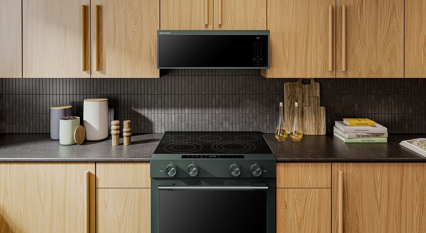 A KitchenAid® range and microwave in a kitchen