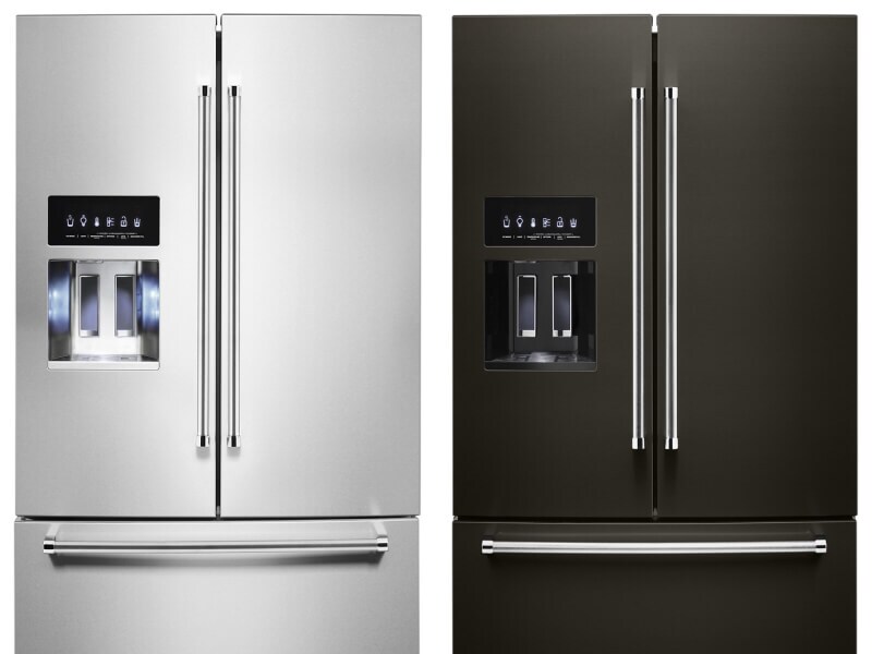 Side-by-side image of stainless steel and black stainless KitchenAid® French door refrigerators
