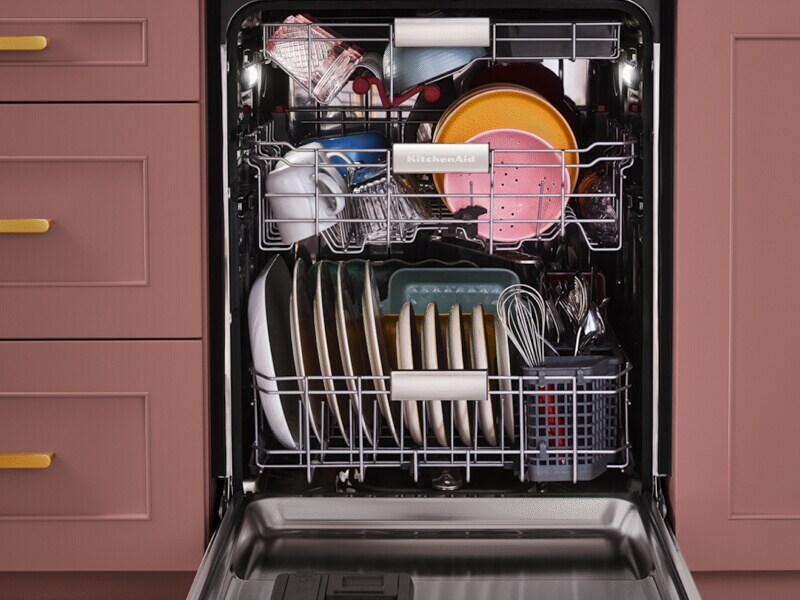 Open and loaded KitchenAid® dishwasher