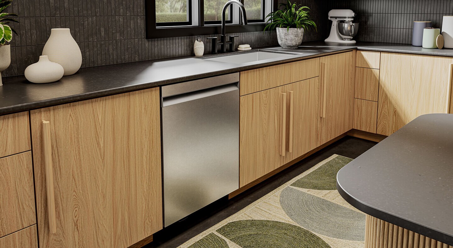 Front control dishwasher in a modern kitchen with wood cabinets