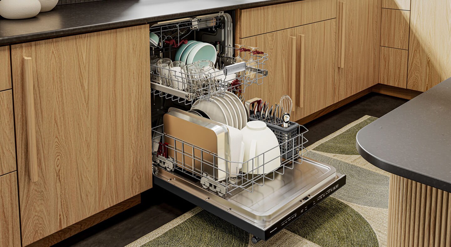 Front control dishwasher in a modern kitchen with wood cabinets