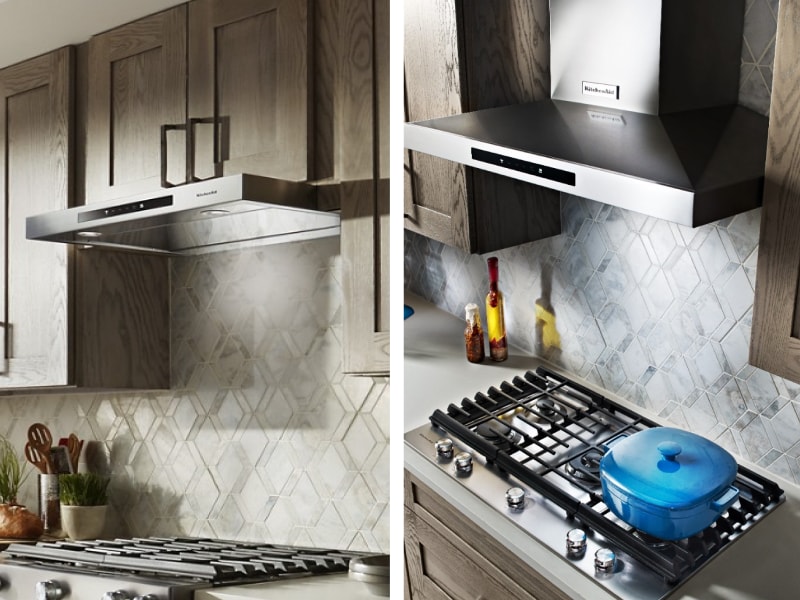 Side-by-side images of undercabinet and wall-mount range hoods Side-by-side images of undercabinet and wall-mount range hoods