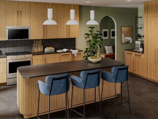 A modern kitchen with brown cabinetry