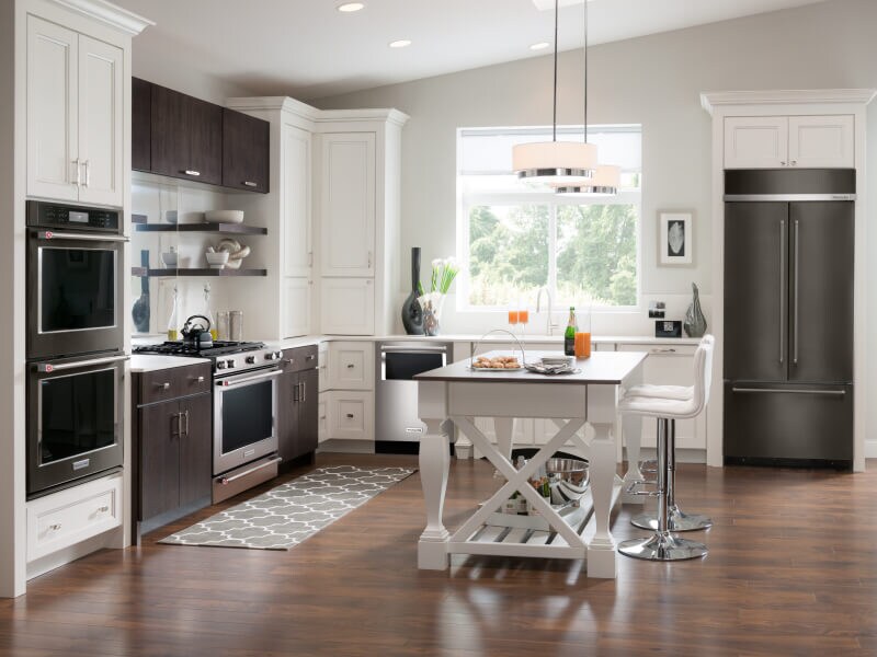 Black French door refrigerator in a modern kitchen