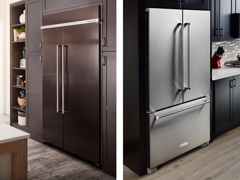 Side-by-side image of black stainless steel and stainless steel French door refrigerators