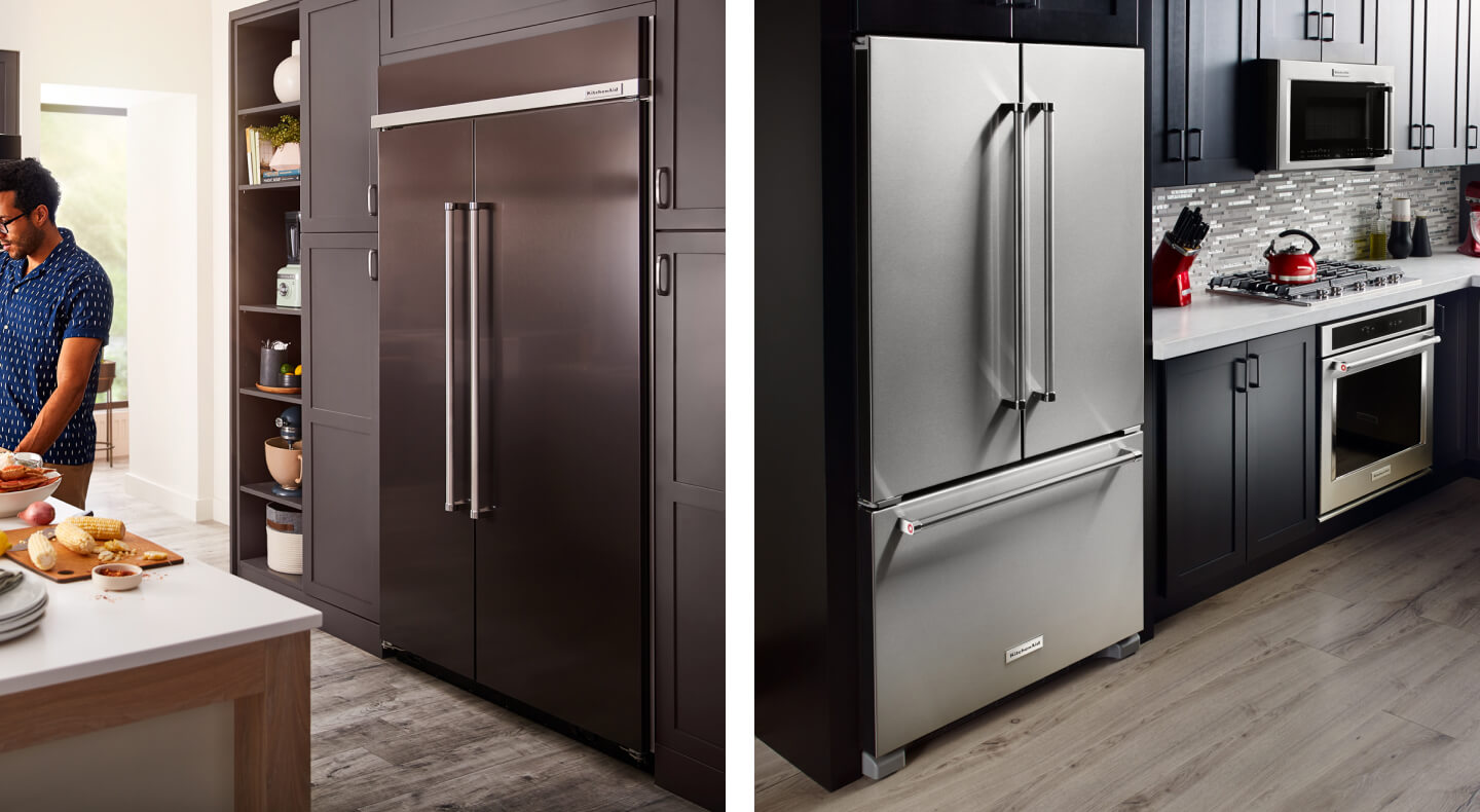 Side-by-side image of black stainless steel and stainless steel French door refrigerators