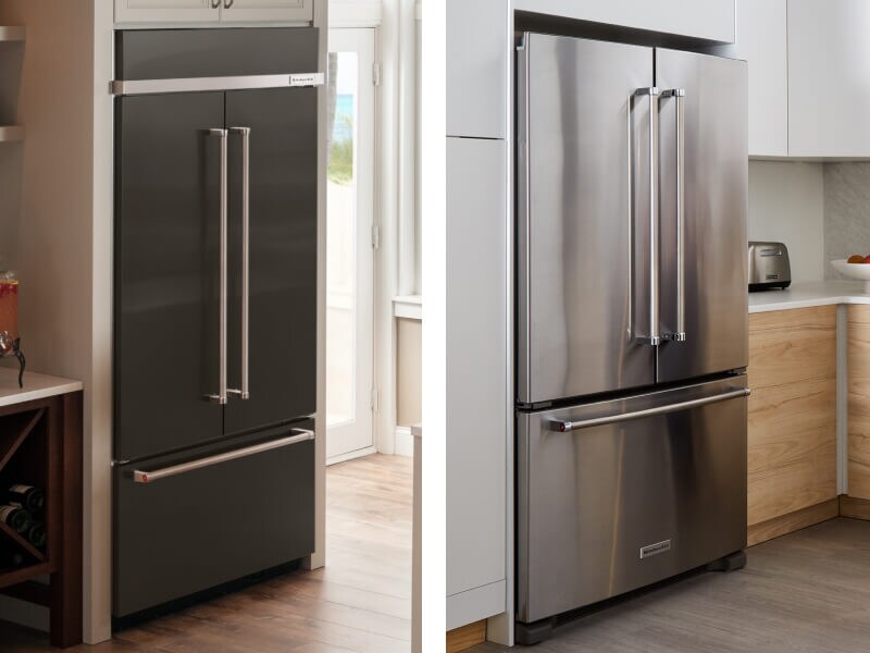 Side-by-side image of black stainless steel and stainless steel French door refrigerators