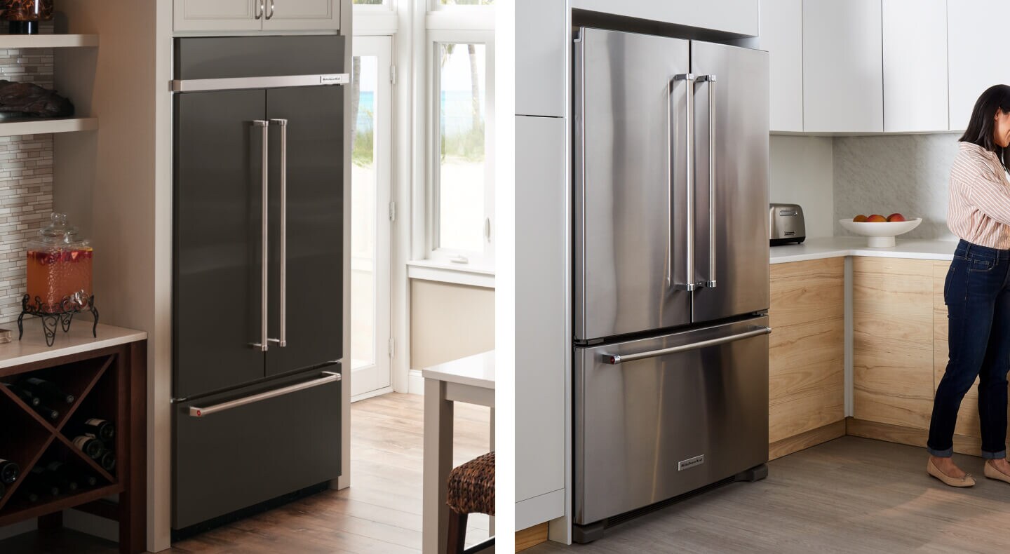 Side-by-side image of black stainless steel and stainless steel French door refrigerators