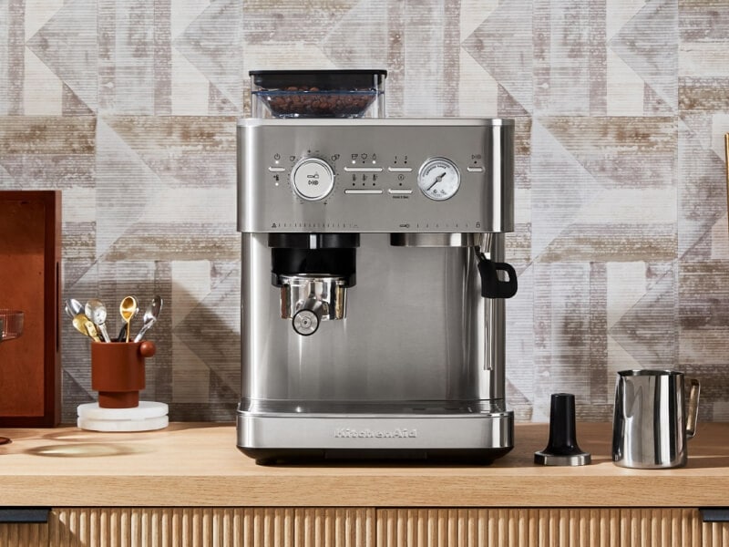 Silver KitchenAid® Semi Automatic Espresso Machine with Burr Grinder on countertop Silver KitchenAid® Semi Automatic Espresso Machine with Burr Grinder on countertop