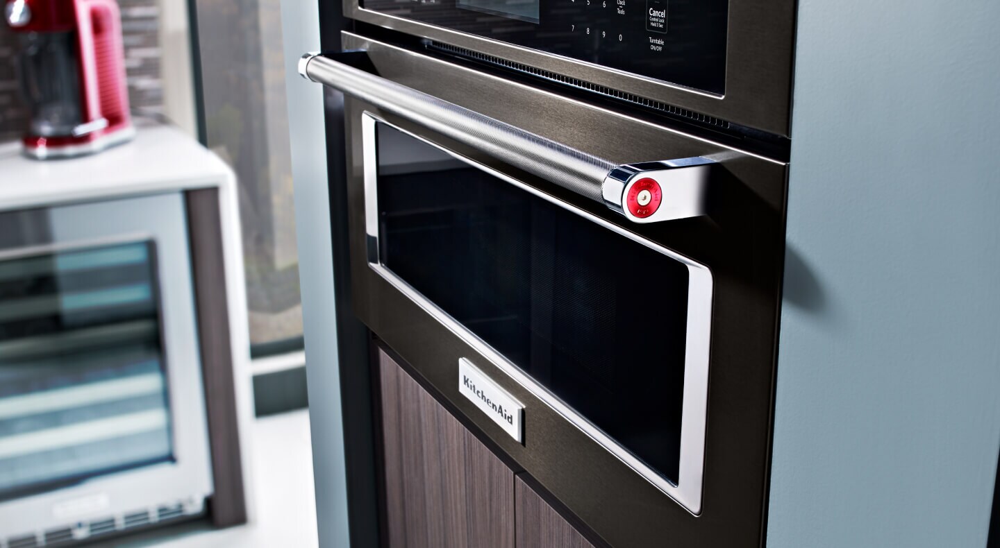 Close-up of black stainless steel KitchenAid® built-in microwave
