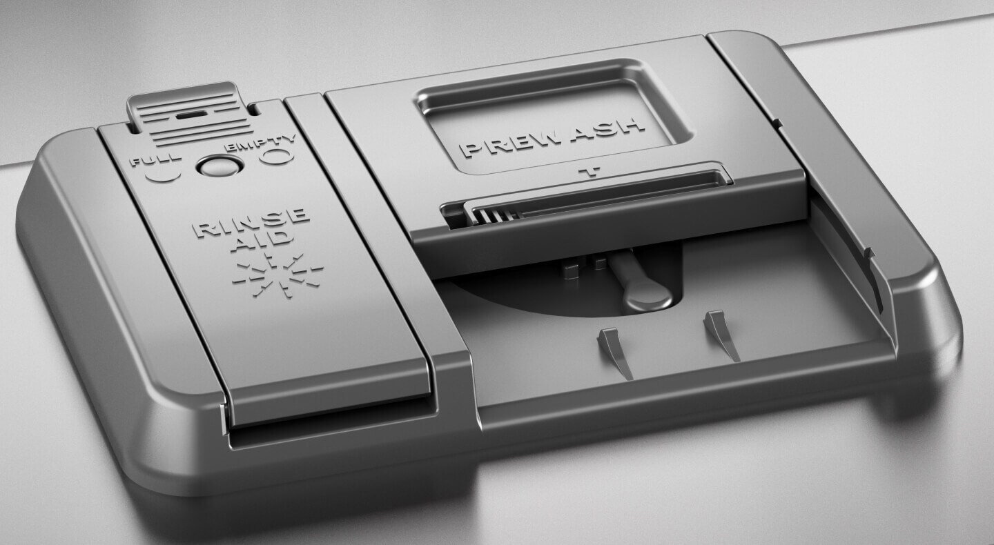 Close-up of detergent and rinse aid compartment on dishwasher