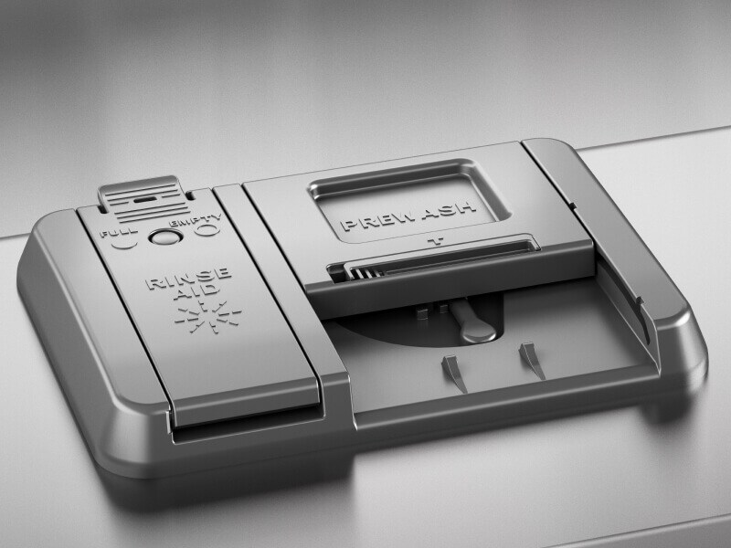 Close-up of detergent and rinse aid compartment on dishwasher