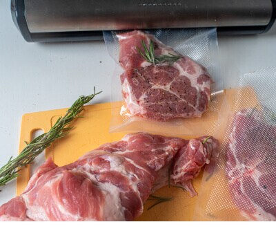 Meat seasoned with rosemary, two of the pieces are in sous vide bags