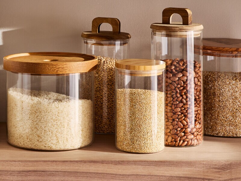 Containers of grains and rice