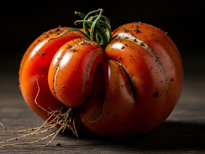 An imperfect tomato with dirt and roots