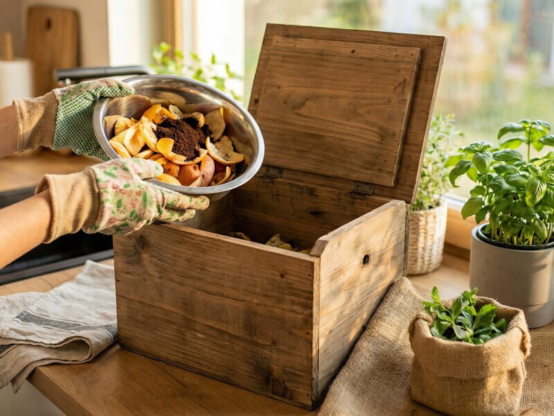 Someone putting food scraps in a wooden bin for composting