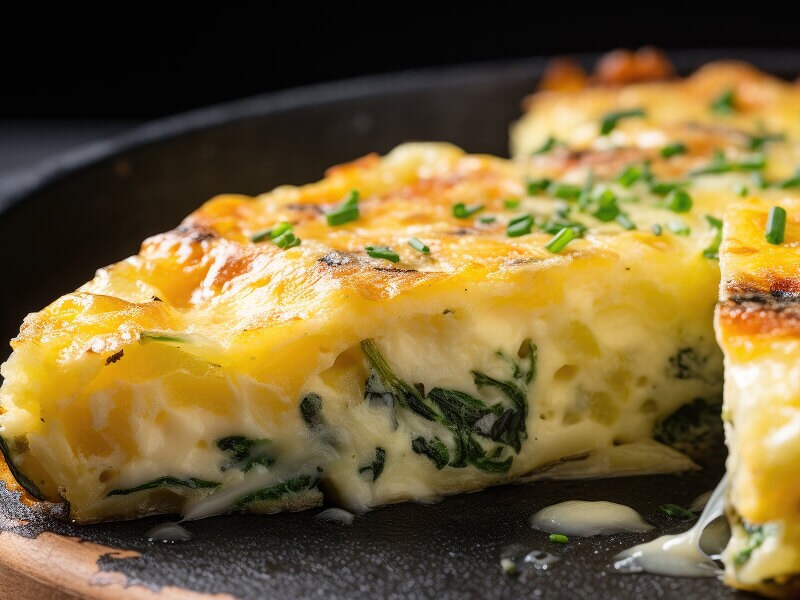 A cheesy dish in a cast iron pan