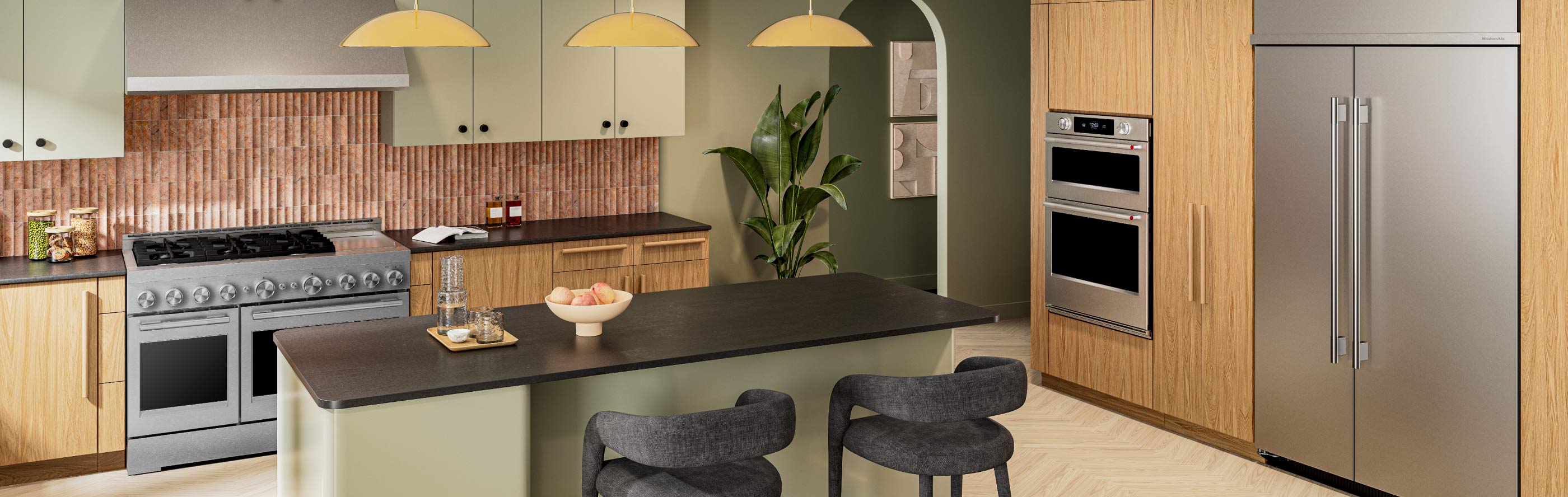 A modern kitchen in wood tones and stainless steel