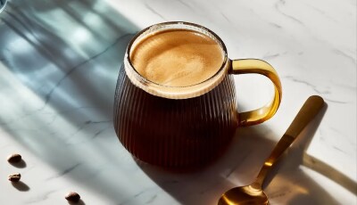 Americano in a glass mug next to a gold spoon