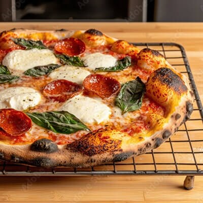 A cooked pizza resting on a cooling rack