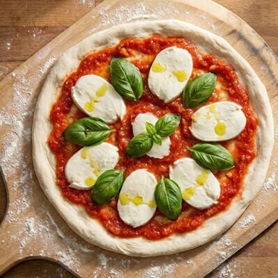 A pre-cooked pizza with large chunks of mozzerella and basil
