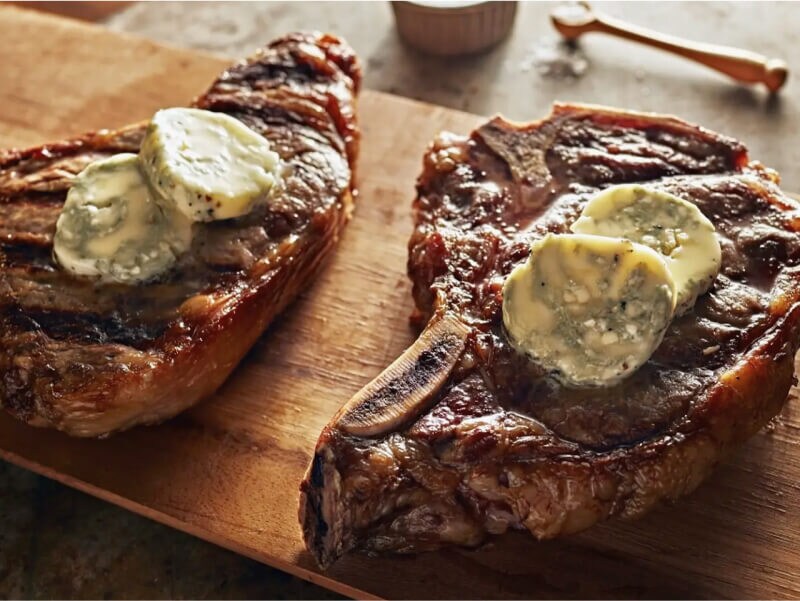 Steaks with bleu cheese butter on top